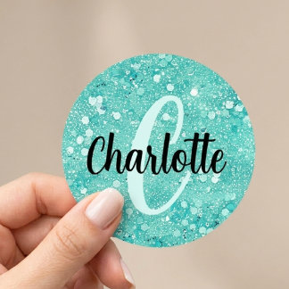 Glam Teal Mint Falskt Glitter Gnistrande Monogram Runt Klistermärke