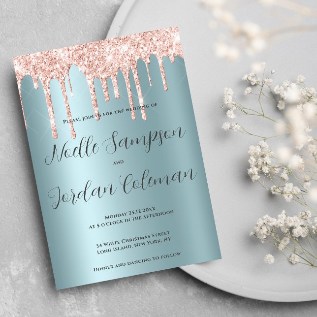Glam teal ro guld glitter-droppskript bröllop inbjudningar (Glam teal rose gold glitter drips script wedding)