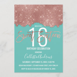 Glam Teal Ro Guld Glitter Färg Block Sweet 16 Inbjudningar