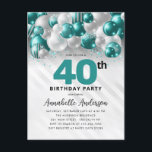 Glam Teal Silver Balloon Glitter 40:e födelsedagen Vykort<br><div class="desc">Modern Glam Teal Grönt Silver Balloon Glitter Gnistra vid födelsedag</div>