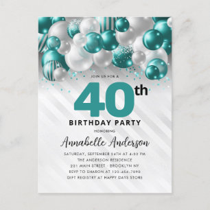 Glam Teal Silver Balloon Glitter 40:e födelsedagen Vykort