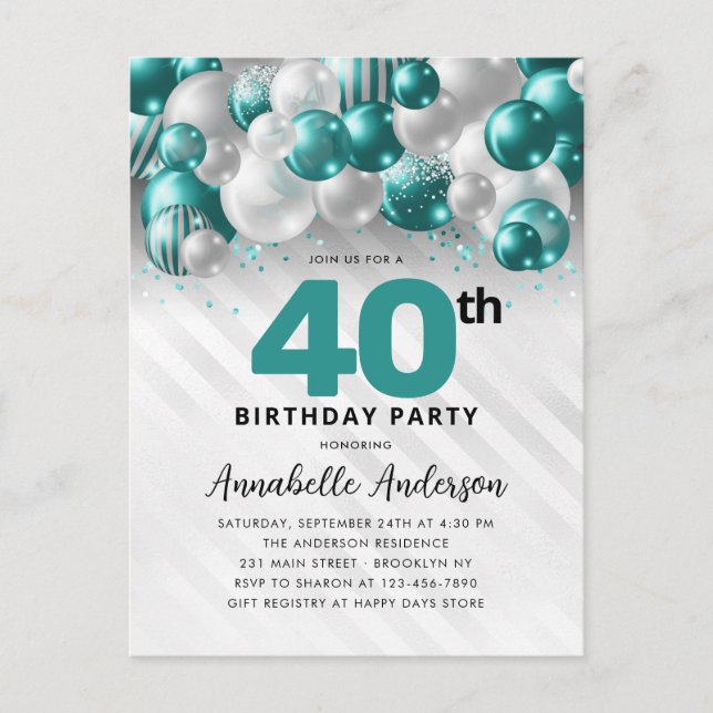 Glam Teal Silver Balloon Glitter 40:e födelsedagen Vykort (Framsida)