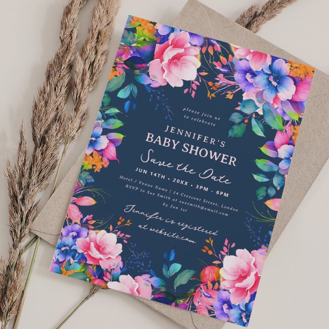 Glam Trädgård Blommig Baby Shower Spara Datum Mari Inbjudningar (Glam Garden Floral Baby Shower Save Date Navy Invitation)