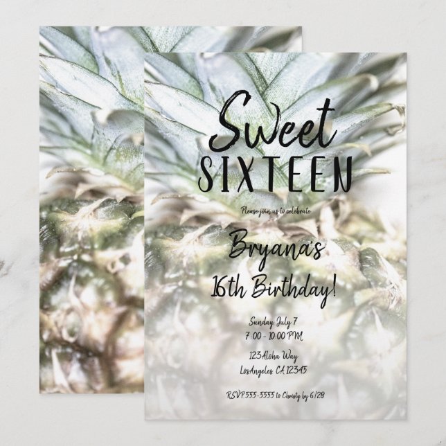 Glam Tropical Ananas Sweet 16 Födelsedagsfest Inbjudningar (Fram/baksida)