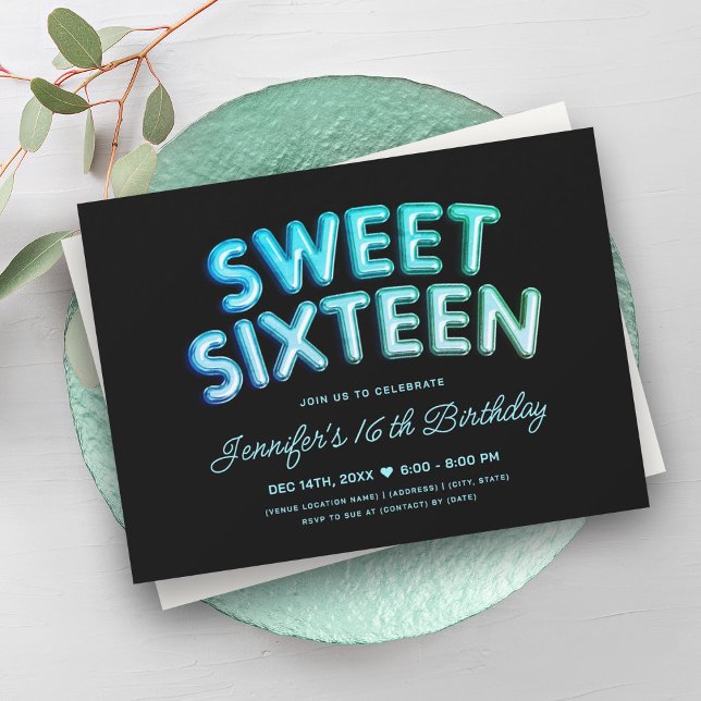 Glam Turcos Teal Balloons Black Sweet 16 Inbjudningar (Glam Turquoise Teal Balloons Black Sweet 16 Invitation)