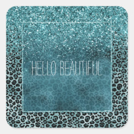 Glam Turcos Teal Blue Leopard Skriv ut Glitter Fyrkantigt Klistermärke