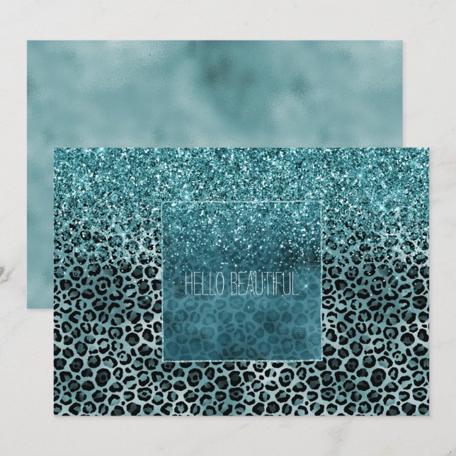 Glam Turcos Teal Blue Leopard Skriv ut Glitter Kort (Fram/baksida)