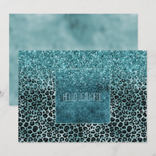 Glam Turcos Teal Blue Leopard Skriv ut Glitter Kort