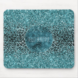 Glam Turcos Teal Blue Leopard Skriv ut Glitter Musmatta
