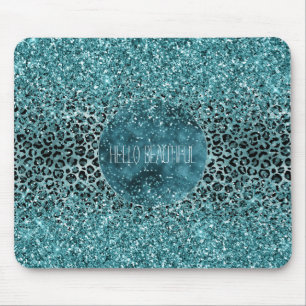 Glam Turcos Teal Blue Leopard Skriv ut Glitter Musmatta