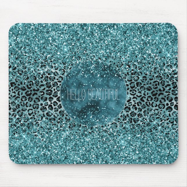 Glam Turcos Teal Blue Leopard Skriv ut Glitter Musmatta (Framsidan)