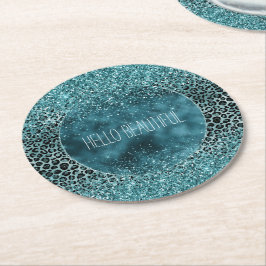 Glam Turcos Teal Blue Leopard Skriv ut Glitter Underlägg Papper Rund