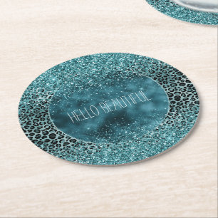 Glam Turcos Teal Blue Leopard Skriv ut Glitter Underlägg Papper Rund