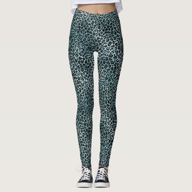 Glam Turcos Teal Blue Leopard Skriv ut Leggings (Framsida)