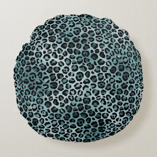 Glam Turcos Teal Blue Leopard Skriv ut    Rund Kudde (Framsidan)