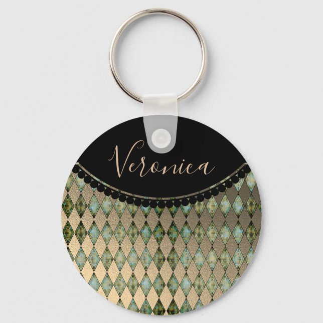 Glam Turcouise Harlequin Personlig Keychain Nyckelring (Framsida)