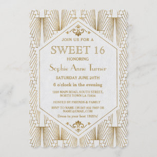 Glam Underbar Gatsby Art Deco Guld White Sweet 16 Inbjudningar