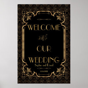 Glam Underbar Gatsby Guld Black Bröllop Välkomstsk Poster