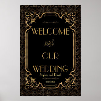 Glam Underbar Gatsby Guld Black Bröllop Välkomstsk Poster