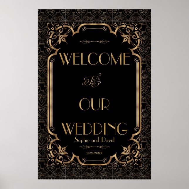 Glam Underbar Gatsby Guld Black Bröllop Välkomstsk Poster (Framsidan)