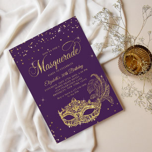 Glam Violett Guld Glitter Maskerad Födelsedag Inbjudningar