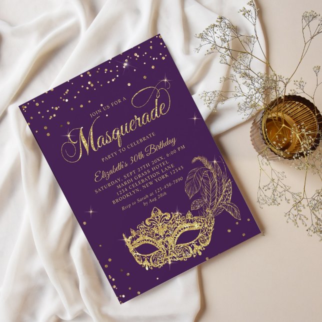 Glam Violett Guld Glitter Maskerad Födelsedag Inbjudningar (Skapare uppladdad)