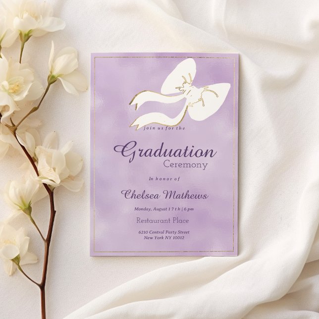 Glam vit guld-busklavender vattenfärg Studenten Inbjudningar (Glam white gold bow lavender watercolor Graduation )