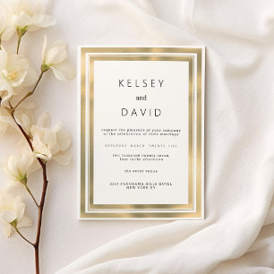 Glam, vit guld, geometrisk ram elegant bröllop inbjudningar