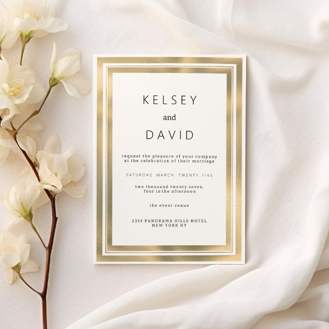 Glam, vit guld, geometrisk ram elegant bröllop inbjudningar (Glam white gold geometric frame elegant wedding)