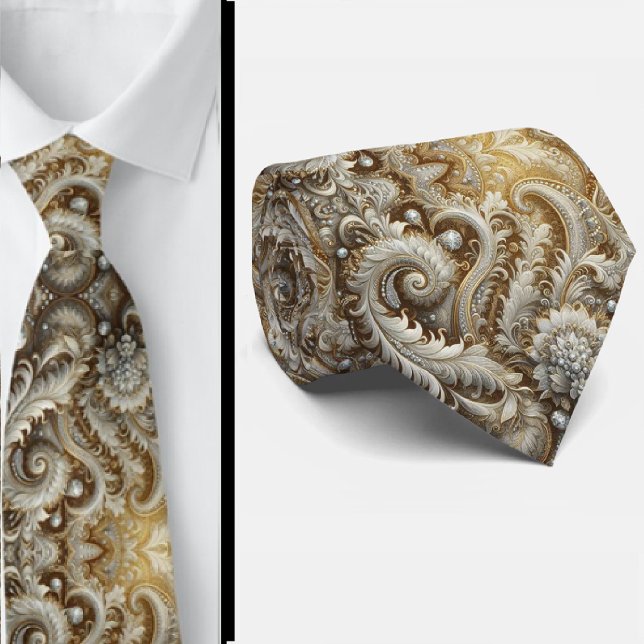 Glam vit och guldbroderad paisley diamant halsduk slips (Skapare uppladdad)