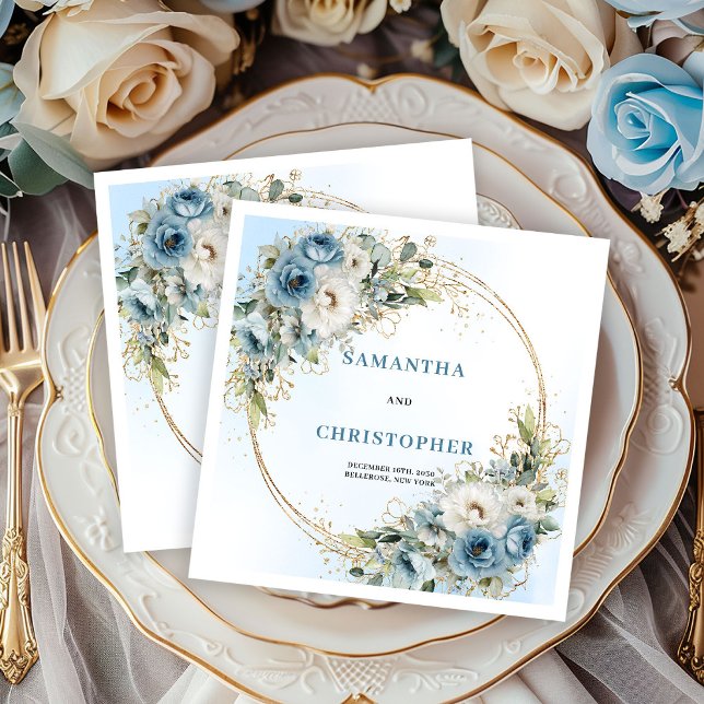Glam vita blommor blå guld bröllopsservetter pappersservett (Glam White Flowers Blue Gold Wedding Napkins)