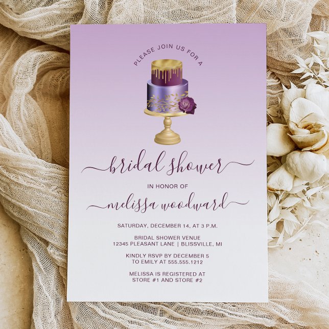 Glam weddingkaka lila guld bröllopsdusch inbjudningar (Skapare uppladdad)