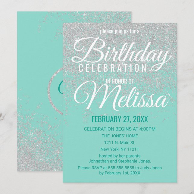 Glam White Glitter Sparkles Teal Födelsedagsfest Inbjudningar (Fram/baksida)