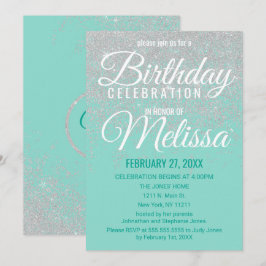 Glam White Glitter Sparkles Teal Födelsedagsfest Inbjudningar