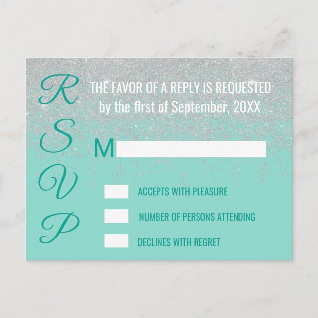 Glam White Glitter Sparkles Teal RSVPs Inbjudan Vykort (Framsida)