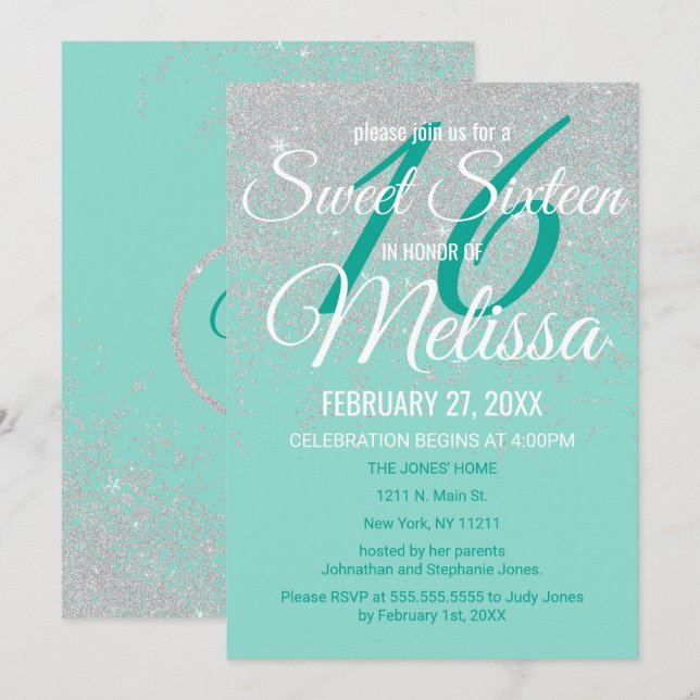 Glam White Glitter Sparkles Teal Sweet 16 Inbjudningar (Fram/baksida)