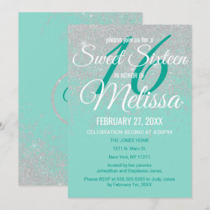 Glam White Glitter Sparkles Teal Sweet 16 Inbjudningar