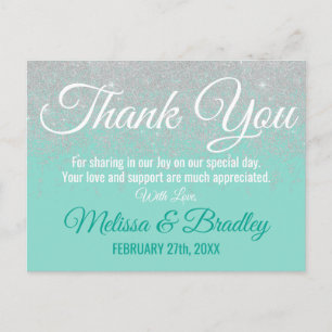 Glam White Glitter Sparkles Teal Tack Vykort