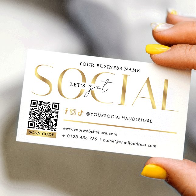 Glam White & Gold Let's Get Social Media QR Code Visitkort (Gold effect scannable QR code Let's Get Social business cards - great to promote your social media)