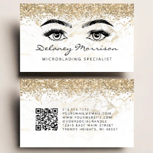 Glam White Gold Marmor Ögon QR-kod Microblading Visitkort
