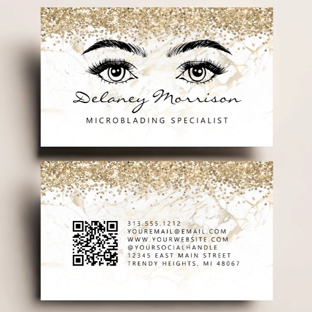 Glam White Gold Marmor Ögon QR-kod Microblading Visitkort (Skapare uppladdad)