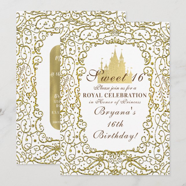 Glam White & Gold Royal Castle Princess Sweet 16 Inbjudningar (Fram/baksida)