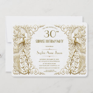 Glam White Guld Art Deco Peacocks Birthday Inbjuda Inbjudningar