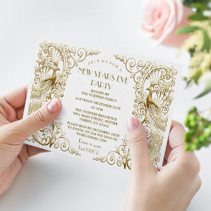 Glam White Guld Art Deco Peacocks Nyårsafton Inbjudningar