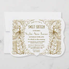 Glam White Guld Art Deco Peacocks Sweet sixteen Inbjudningar