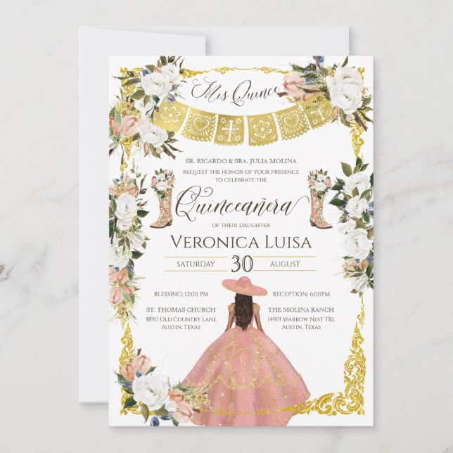 Glam  White Guld Charro Blommigt Quinceañera I Inbjudningar (Framsida)