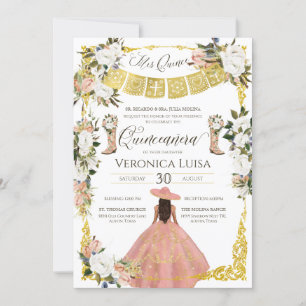 Glam  White Guld Charro Blommigt Quinceañera I Inbjudningar
