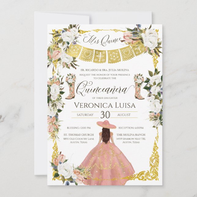 Glam  White Guld Charro Blommigt Quinceañera Inbjudningar (Framsida)