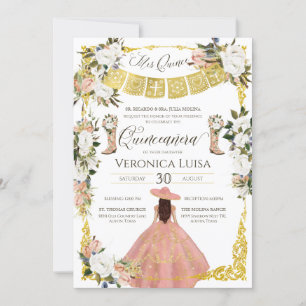 Glam  White Guld Charro Blommigt Quinceañera Inbjudningar