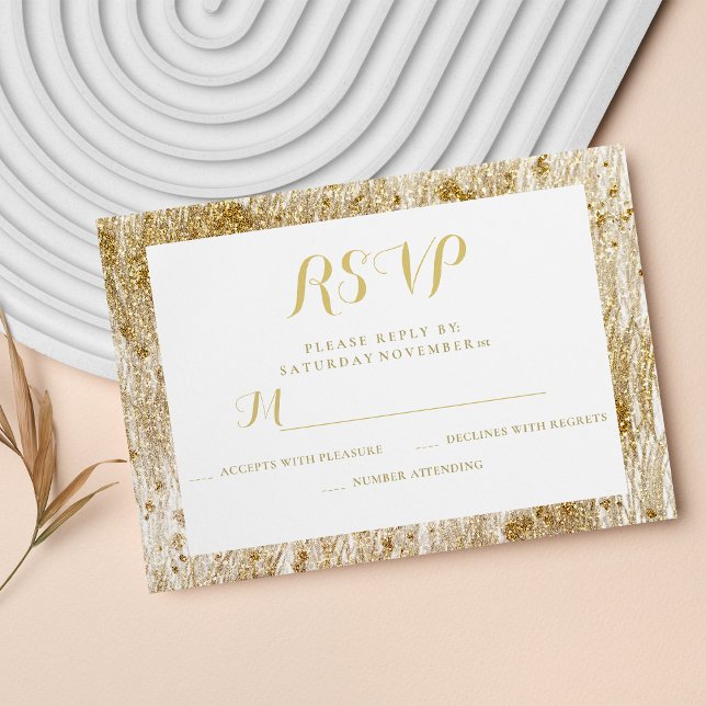 Glam white guld glitter gräns elegant bröllop OSA kort (Glam white gold glitter borders elegant wedding RSVP)